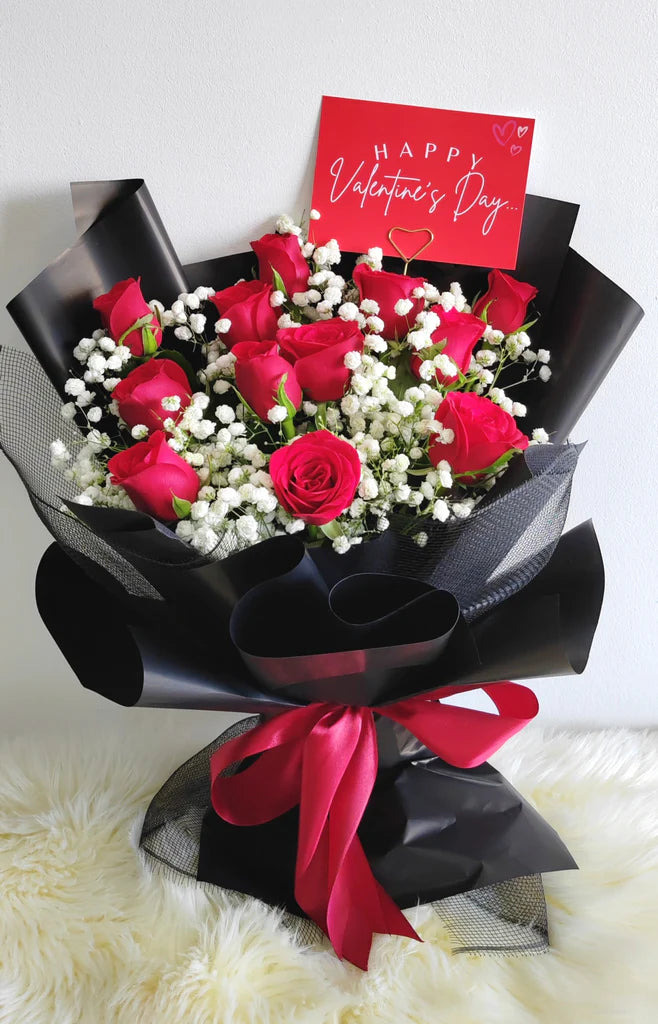TINNA-6 stalks roses bouquet with red roses and a Happy Valentine's Day card.