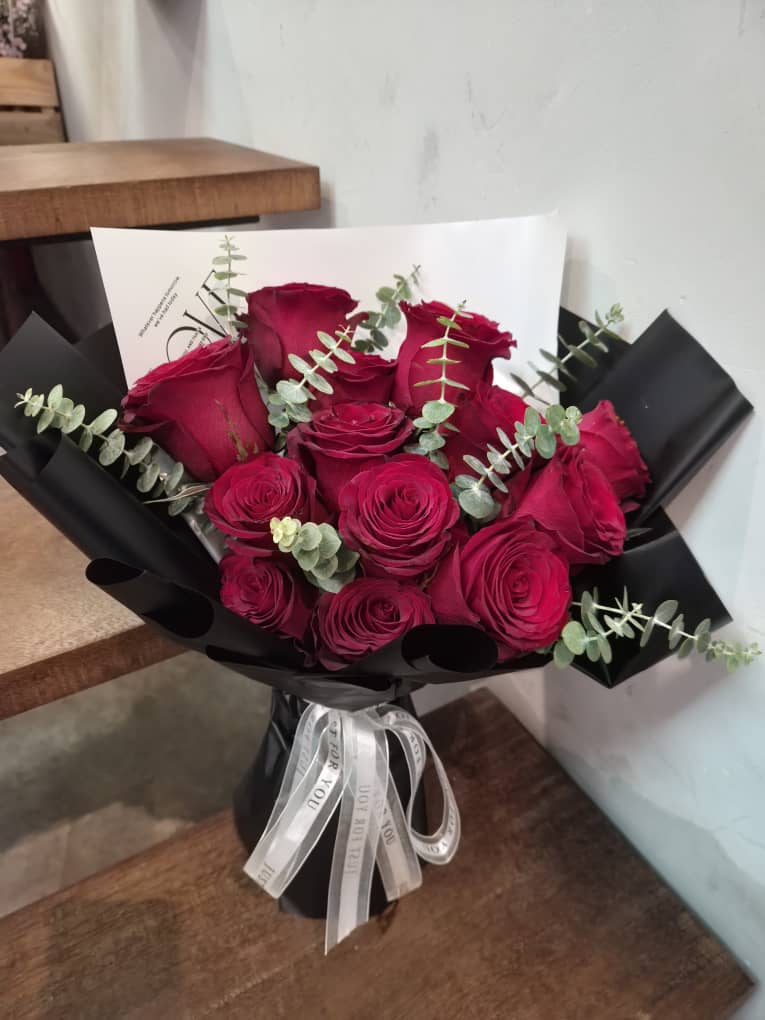 FOREVER YOU 12 Stalks Roses Hand Tie with Eucalyptus Leaf in kuala lumpur
